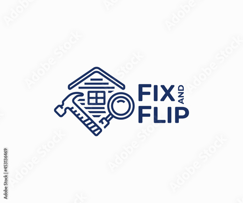 Real estate wholesale logo design. Flipping house vector design. Home repair with hammer and magnifying glass logotype