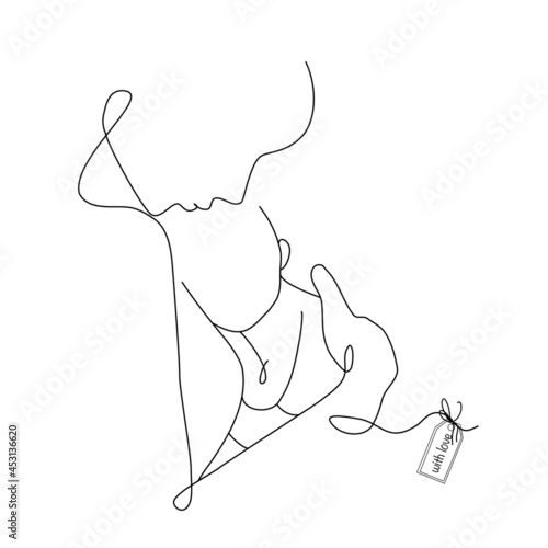 Vector one line art illustration of a new born baby and mother. Mom holding a new born baby. Lineart family portret