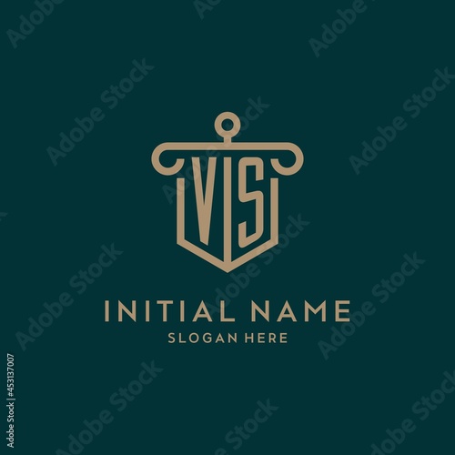 VS monogram initial logo design with shield and pillar shape style
