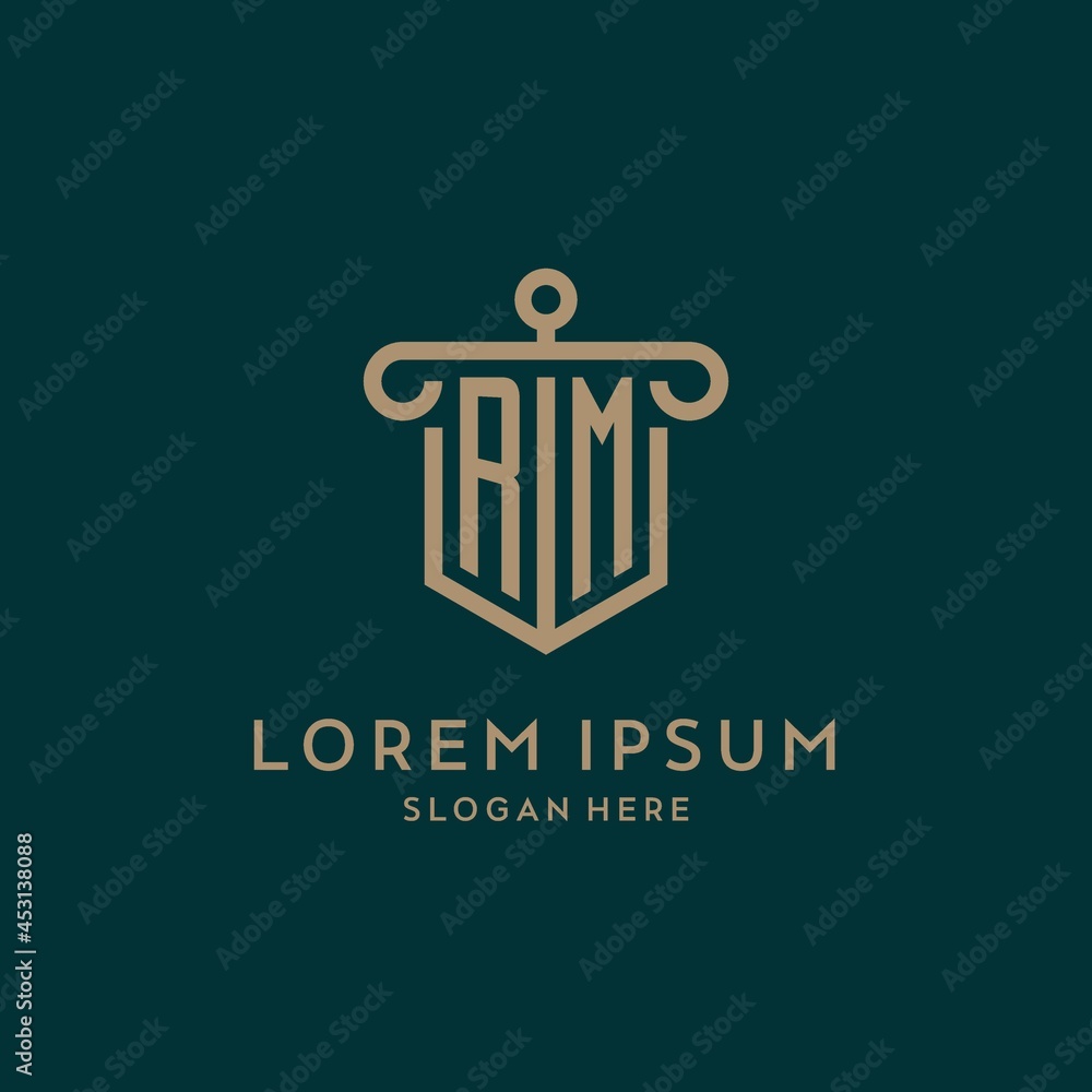 RM monogram initial logo design with shield and pillar shape style ...