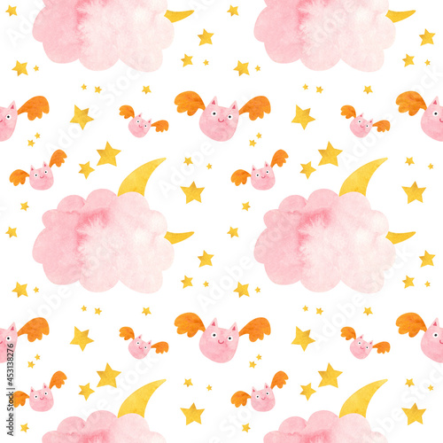 Kids Halloween seamless pattern with pink bat and moon behind the clouds. Cute childish digital scrapbooking paper on white background.
