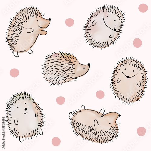 Vector Hand Drawn Watercolor  Hedgehog Line Drawing Seamless Pattern in Pink Background.
