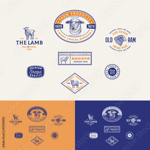 Best Local Sheep Farm Retro Framed Badges or Logo Templates Collection. Hand Drawn Lamb, Ram and Sheep Face Animals Sketches with Retro Typography. Vintage Sketch Emblems Set. Isolated