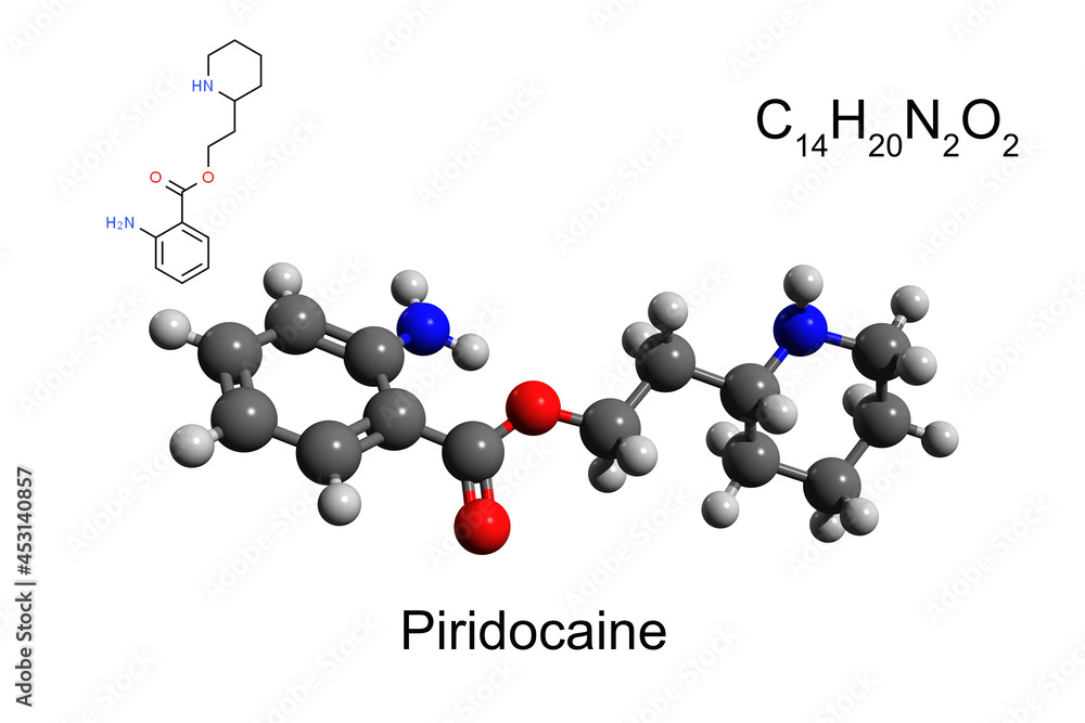 Chemical formula, skeletal formula and 3D ball-and-stick model of local ester anesthetic piridocaine, white background Chemical formula, skeletal formula and 3D ball-and-stick model of local ester anesthetic piridocaine, white background
