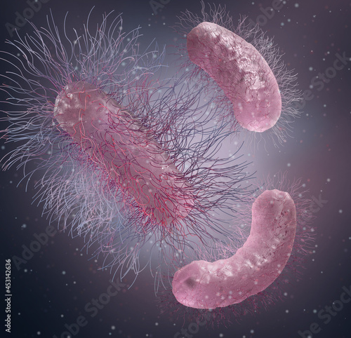 Medical background, bacteria peritrichus with flagella over entire surface, Hafniaceae, Enterobacterales rod-shaped capsule-free asporogenic mobile gram-negative facultatively anaerobic 3D rendering photo