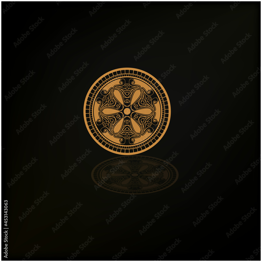 Golden Badge Label Coin with black background. Satisfaction gold badge