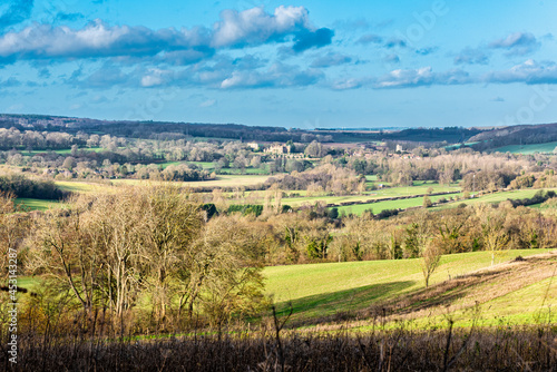 View across to Chilham and Chilham castle from the Wye downs near Crundale, Ashford, Kent photo