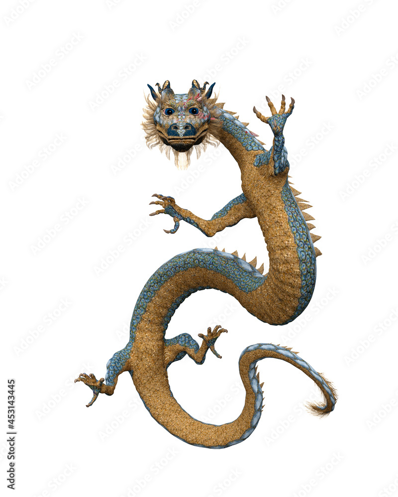 Fototapeta premium 3D rendering of a long bodied Chinese dragon isolated on a white background.