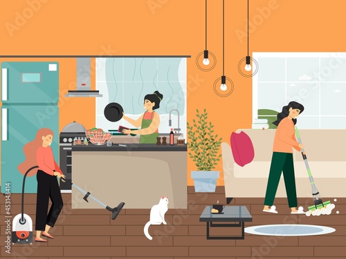 Home cleaning, flat vector illustration. People cleaning kitchen, washing dishes. Housekeeping and dishwashing services.