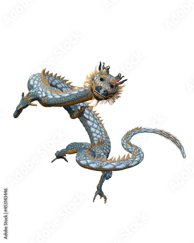 3D rendering of a long bodied dragon from Chinese folklore isolated on a white background.