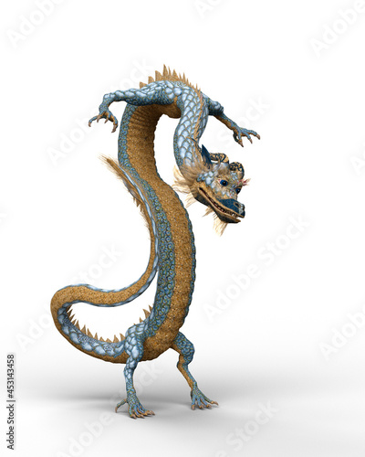 3D rendering of a Chinese dragon standing tall on hind legs isolated on a white background. © IG Digital Arts