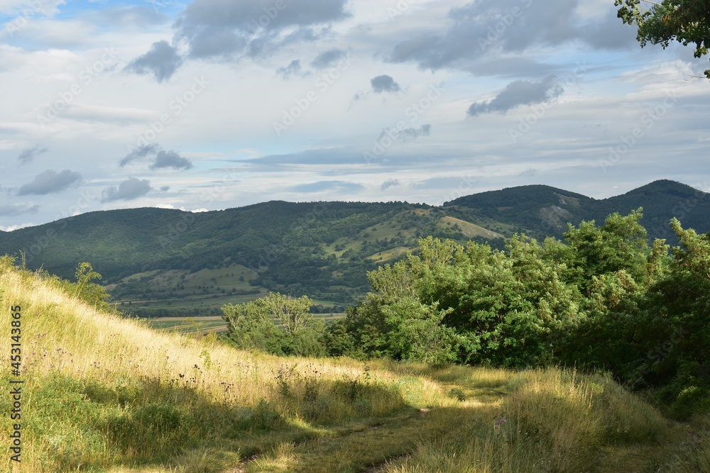 Beautiful landscape, with trees and hills on Trascau mountains in Transylvania, Romania.