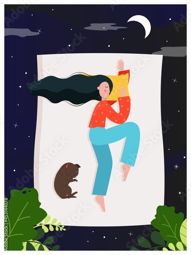 Young woman sleeping at night with cute pet dog at her feet on the bed, flat vector illustration. Sweet dream.