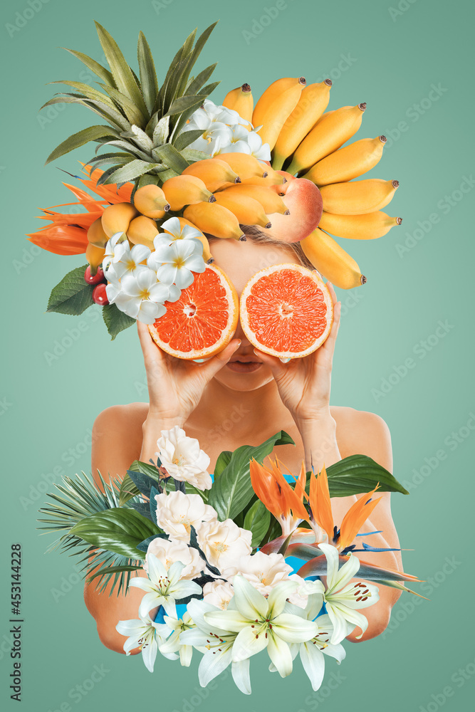 Abstract art collage of young woman with fruits and flowers - obrazy, fototapety, plakaty 