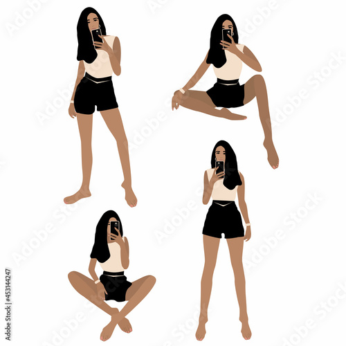 vector set of four girls in different poses taking selfies on a mobile phone