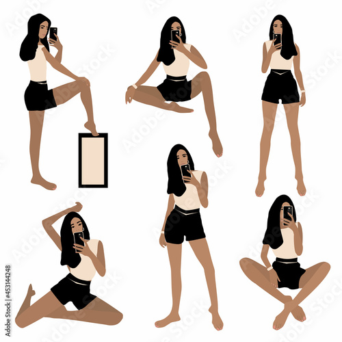 vector set of six girls taking selfies on a mobile phone in different poses