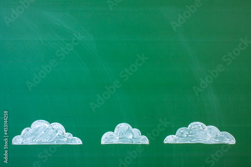 A green blackboard in close-up and white clouds drawn in chalk with space for copying. Concept-success above the clouds or the weather in business
