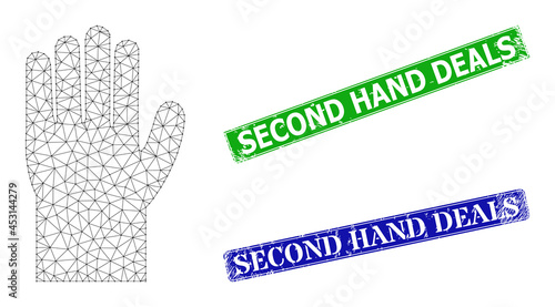 Mesh hand image, and Second Hand Deals blue and green rectangle dirty stamp seals. Mesh carcass illustration designed with hand icon. Stamp seals have Second Hand Deals text inside rectangle form.