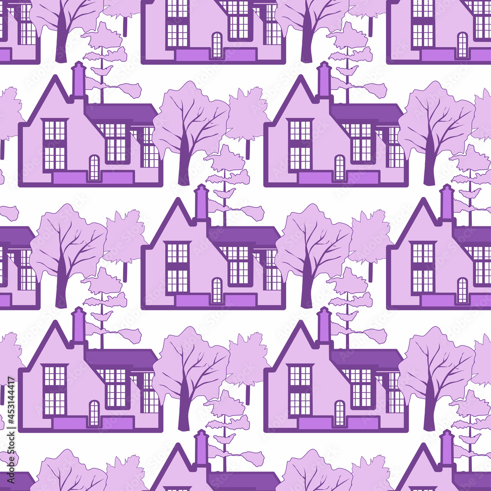 vector seamless pattern of houses and trees