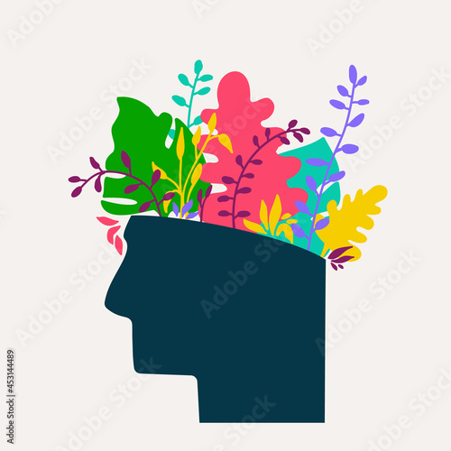 Mental health concept. Abstract image of head with flowers inside. Plants, flower and leaves as a symbol of inspiration, calmness, favorable mental behavior. Vector hand drawing illustration.