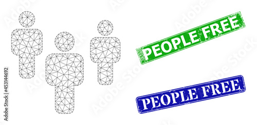 Mesh people model, and People Free blue and green rectangle unclean seals. Mesh carcass image based on people pictogram. Stamp seals contain People Free text inside rectangular frame.