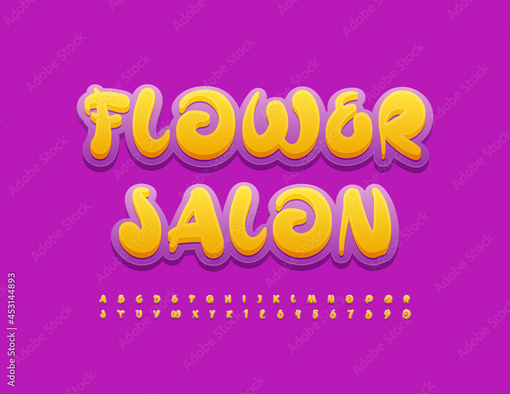 Vector Colorful Banner Flower Salon. Trendy Handwritten Font. Modern Alphabet Letters and Numbers set