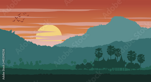 Silhouette scenery of country landscape of Asia on tropical area with palm trees and the house on sunset time,vector illustration