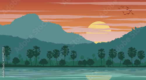 Silhouette scenery of country landscape of Asia on tropical area with palm trees and the river,vector illustration