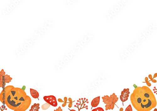 色鉛筆手描き風　ハロウィン　秋の葉っぱとキノコとカボチャのフレーム
