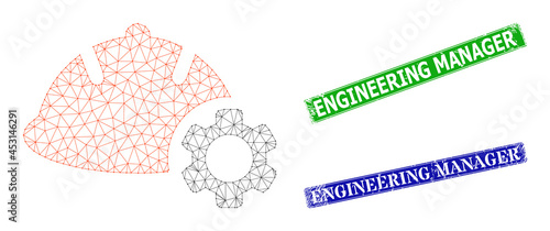 Polygonal engineering model, and Engineering Manager blue and green rectangular corroded seals. Polygonal wireframe symbol based on engineering pictogram.