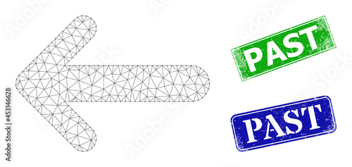 Polygonal arrow left image, and Past blue and green rectangle grunge seal prints. Polygonal carcass image based on arrow left icon. Stamp seals have Past text inside rectangle frame.