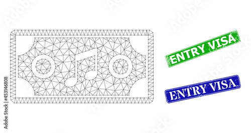 Mesh concert ticket image, and Entry Visa blue and green rectangular dirty seals. Mesh wireframe illustration is designed with concert ticket pictogram.