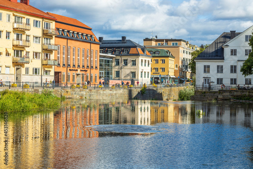 Beautiful landscape view on city from river side. Uppsala, Sweden, Europe. Beautiful backgrounds.