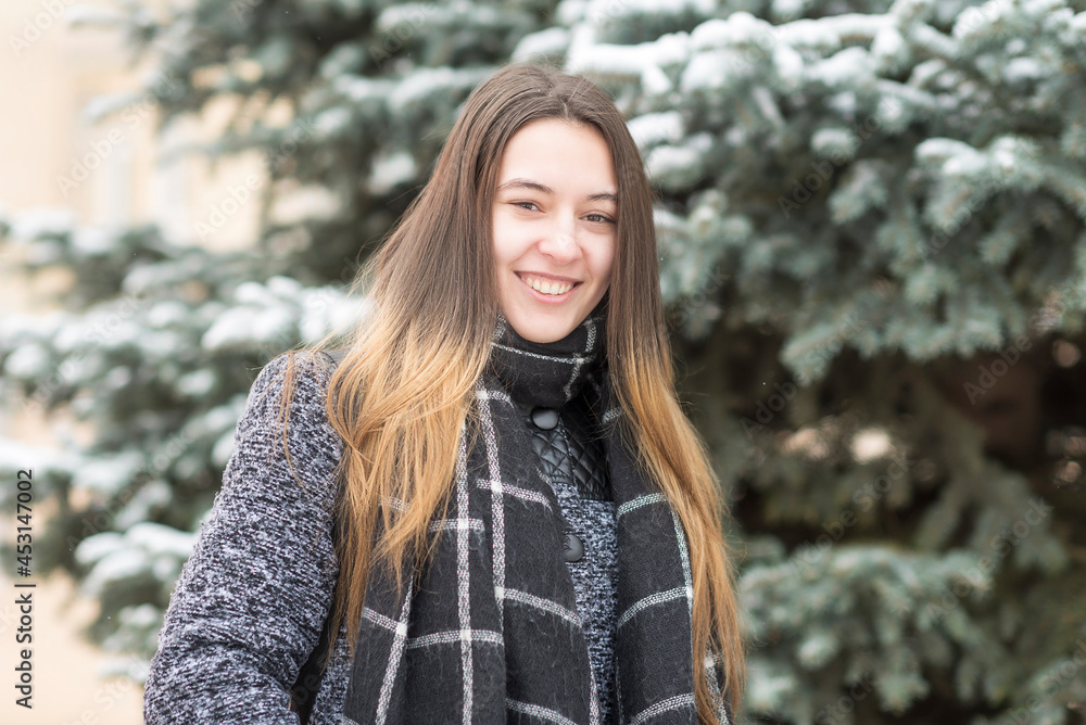 Portrait of a young beautiful long-haired girl in a winter park. Portrait of a young beautiful long-haired girl in a winter park.