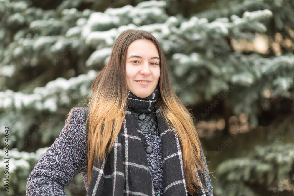 Portrait of a young beautiful long-haired girl in a winter park. Portrait of a young beautiful long-haired girl in a winter park.