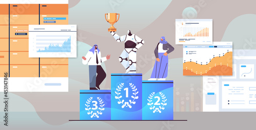 robot winner getting first place and trophy on pedestal arab businesspeople loosing to automated machine competition