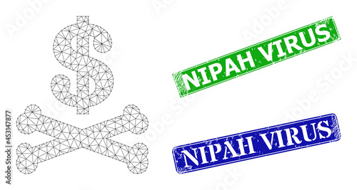 Mesh dead dollar image, and Nipah Virus blue and green rectangular rubber stamps. Mesh carcass image is created from dead dollar icon. Stamp seals include Nipah Virus text inside rectangle shape.