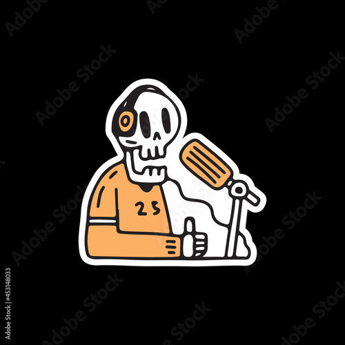 Trendy skull doing live podcast illustration. Vector graphics for t-shirt prints and other uses.