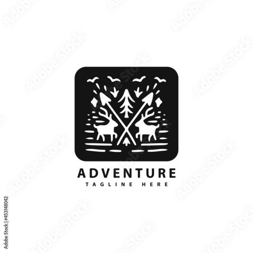 Hipster adventure badge with deer and tree illustration. Vector graphics for t-shirt prints and logo.