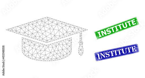 Mesh graduation cap model, and Institute blue and green rectangular dirty watermarks. Mesh carcass illustration designed with graduation cap pictogram.