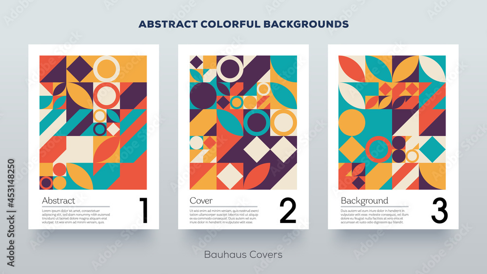 Minimal design covers. Simple geometric colorful Bauhaus pattern. Abstract trendy vintage retro style background. Poster mockup collection created with vector abstract elements.