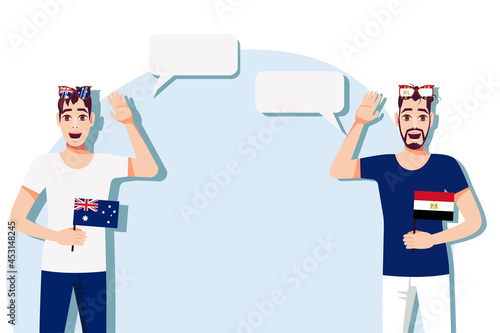Men with Australian and Egyptian flags. The concept of international communication, education, sports, travel, business. Dialogue between Australia and Egypt. Vector illustration.