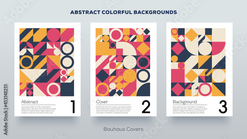 Minimal design covers. Simple geometric colorful Bauhaus pattern. Abstract trendy vintage retro style background. Poster mockup collection created with vector abstract elements. © Gooder