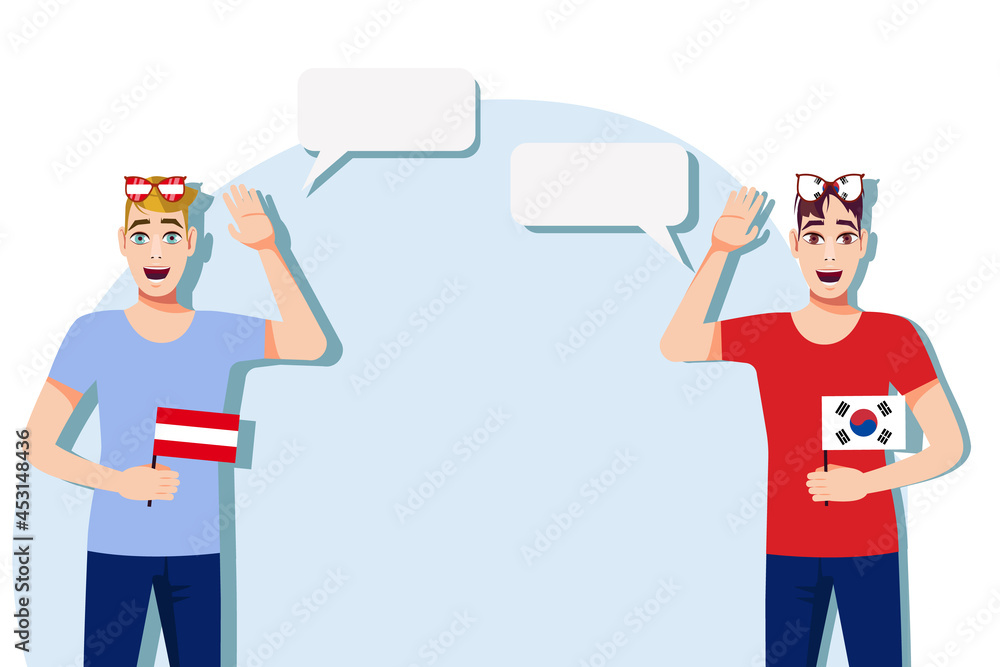 Men with Austrian and South Korean flags. Background for the text. Communication between native speakers of the language. Vector illustration.