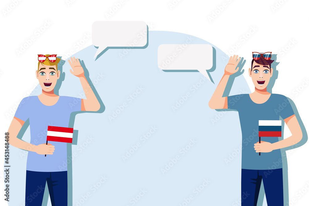 Men with Austrian and Russian flags. Background for text. Communication between native speakers of Austria and Russia. Vector illustration. Men with Austrian and Russian flags. Background for text. Communication between native speakers of Austria and Russia. Vector illustration.