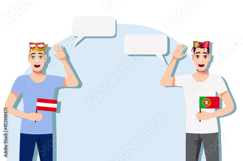 The concept of international communication, sports, education, business between Austria and Portugal. Men with Austrian and Portuguese flags. Vector illustration.