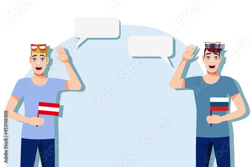 Men with Austrian and Russian flags. Background for text. Communication between native speakers of Austria and Russia. Vector illustration. 
