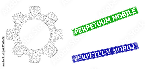 Network cog image, and Perpetuum Mobile blue and green rectangular rubber stamp seals. Mesh carcass illustration is designed with cog icon.