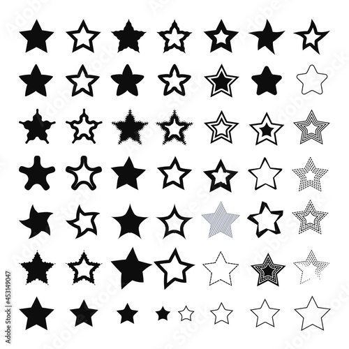 Star shape icon. Set of isolated black stars. Contour drawing. 