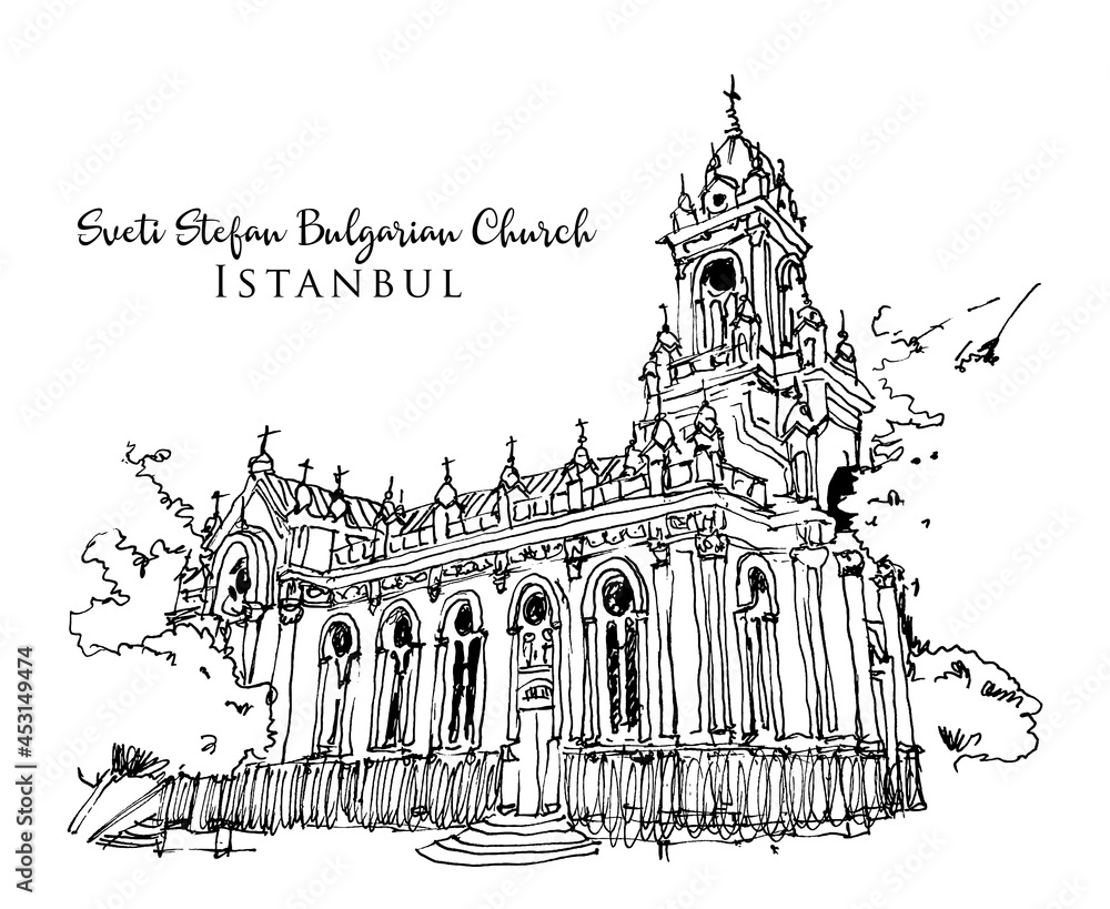 Vector hand drawn sketch illustration of Sveti Stefan Bulgarian Church